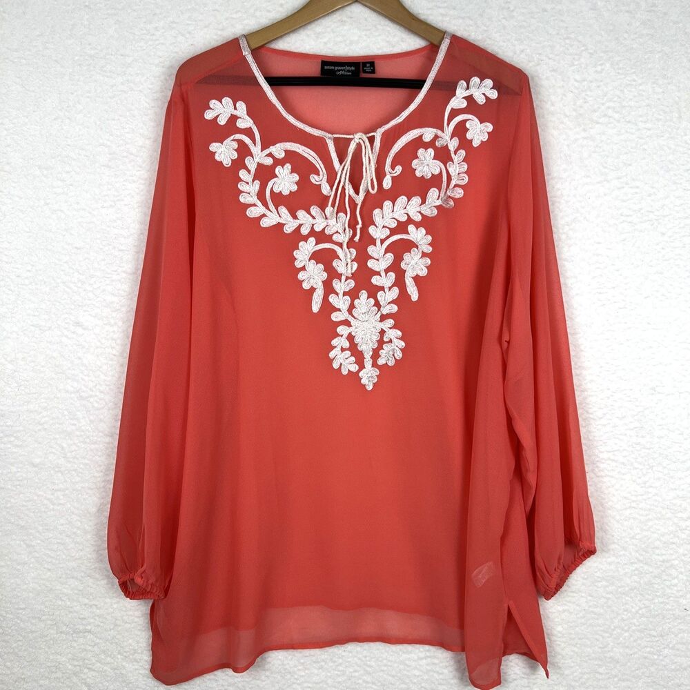 Susan Graver Artisan Sheer V-Neck Tunic Embroidered Long Sleeve Coral Plus Sz 3X